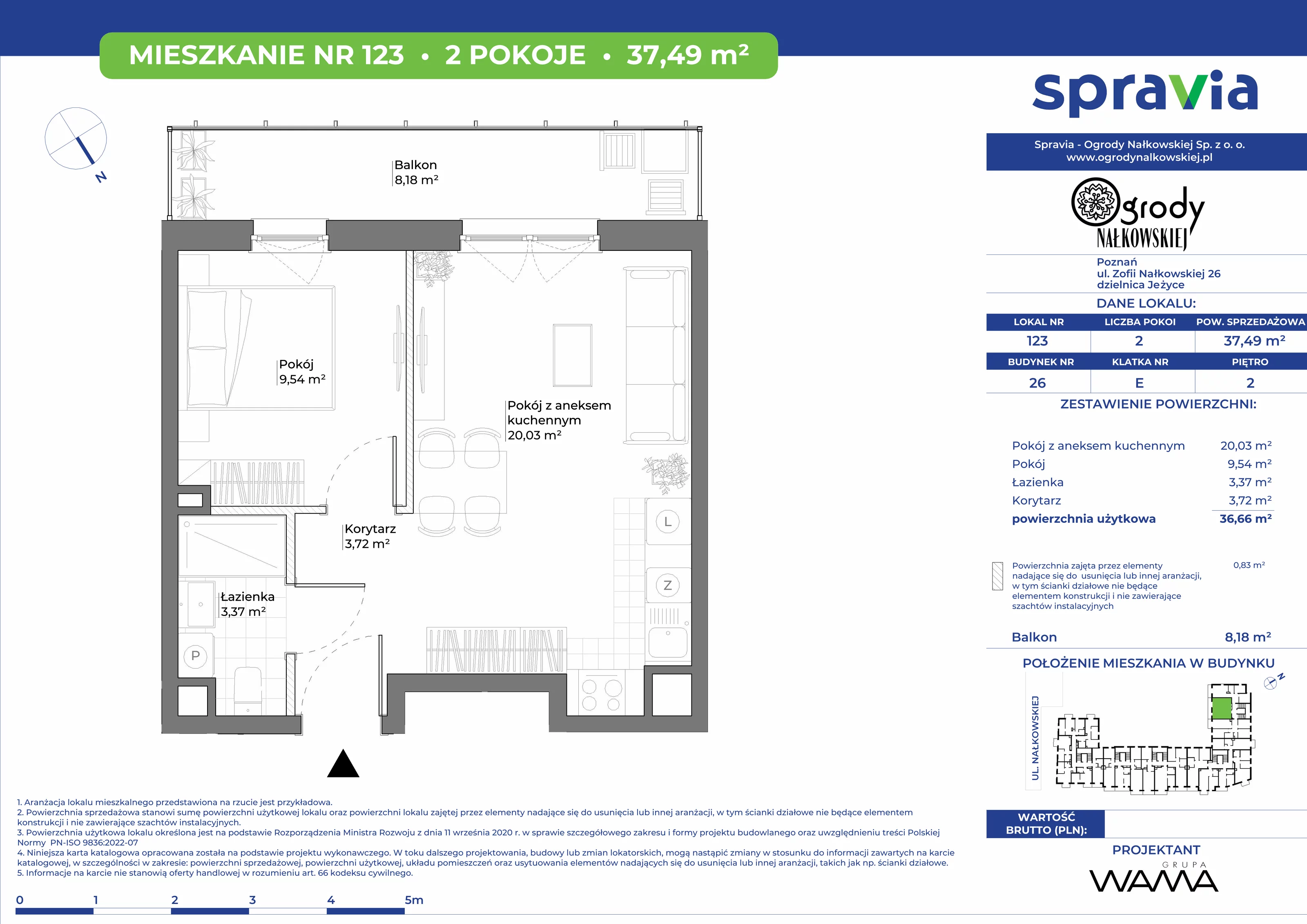 2 pokoje, mieszkanie 37,49 m², piętro 2, oferta nr 26-123, Ogrody Nałkowskiej, Poznań, Ogrody, ul. Nałkowskiej 24, 26